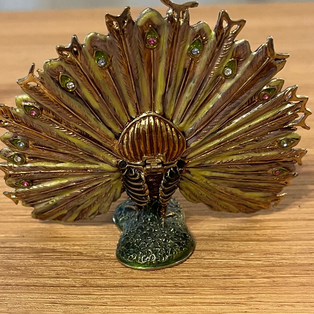 Painted Pewter Bejeweled Peacock Trinket Box  3.5” W 4”H - Picture 3 of 5